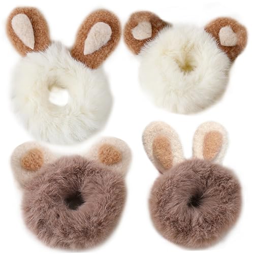 Scunchies für Mädchen, 4pcs elastische flauschige Verrücktheiten Kaninchen/Bärenohr Süßes Risshuhn Plüschflauschige Haarbindungen dicke Haare Bobbles von eurNhrN