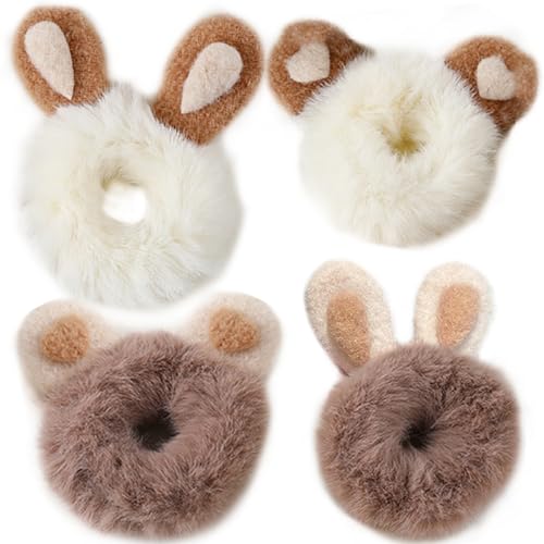 Scunchies für Mädchen, 4pcs elastische flauschige Verrücktheiten Kaninchen/Bärenohr niedliche Risshöfe Plüsch flauschige Haarbindungen tragbares dickes Haar Bobbles Elastik Bindungen von eurNhrN