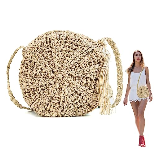 eurNhrN Strohbag Rund Crossbody Weave Sommer Strohhandtaschen Reißverschluss Strohbeutel Rattan -Tasche mit Quasten Stroh Strandbeutel Beige von eurNhrN