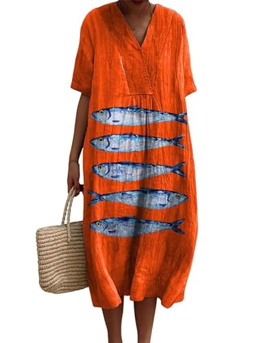 Damen Casual Midikleider Ocean Fish Print Kurzarmkleid mit V-Ausschnitt Lockeres T-Shirt Pullover Strandkleid Damen Casual Midikleider Ocean Fish Print Kurzarmkleid mit V-Ausschnitt Lockeres T-Shirt Pullover Strandkleid von famesale