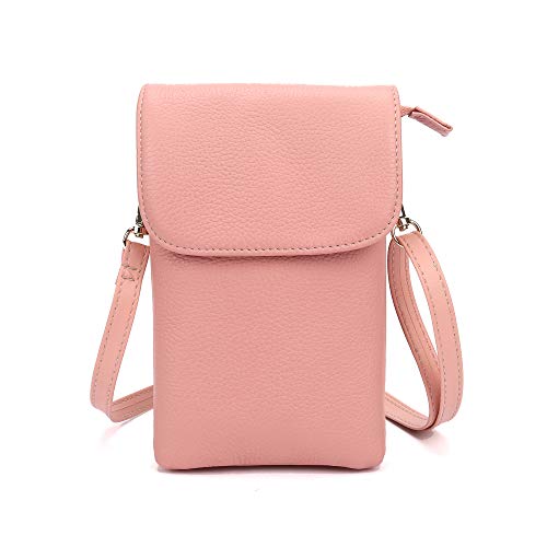 Fanshu umhängetasche für Handy Damen echtes Leder Handytasche zum umhängen Damen klein Crossbody geldbörse mit handyfach Weiches Echtes Trend held mit Kartenfächer im Vintage Look(Pink) von fanshu