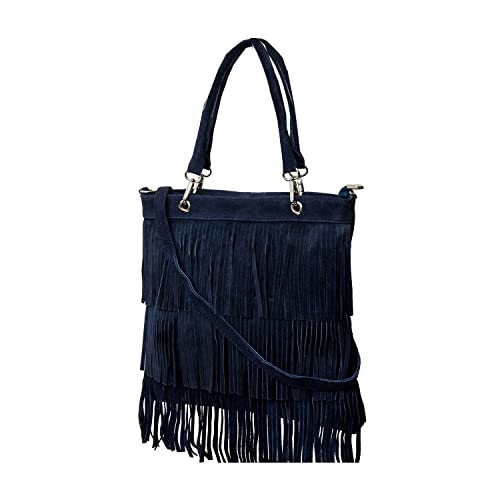 fashion-formel Shopper, Umhängetasche mit Fransen aus echt. Wildleder Mod.2033-9 Blau Italy von fashion-formel