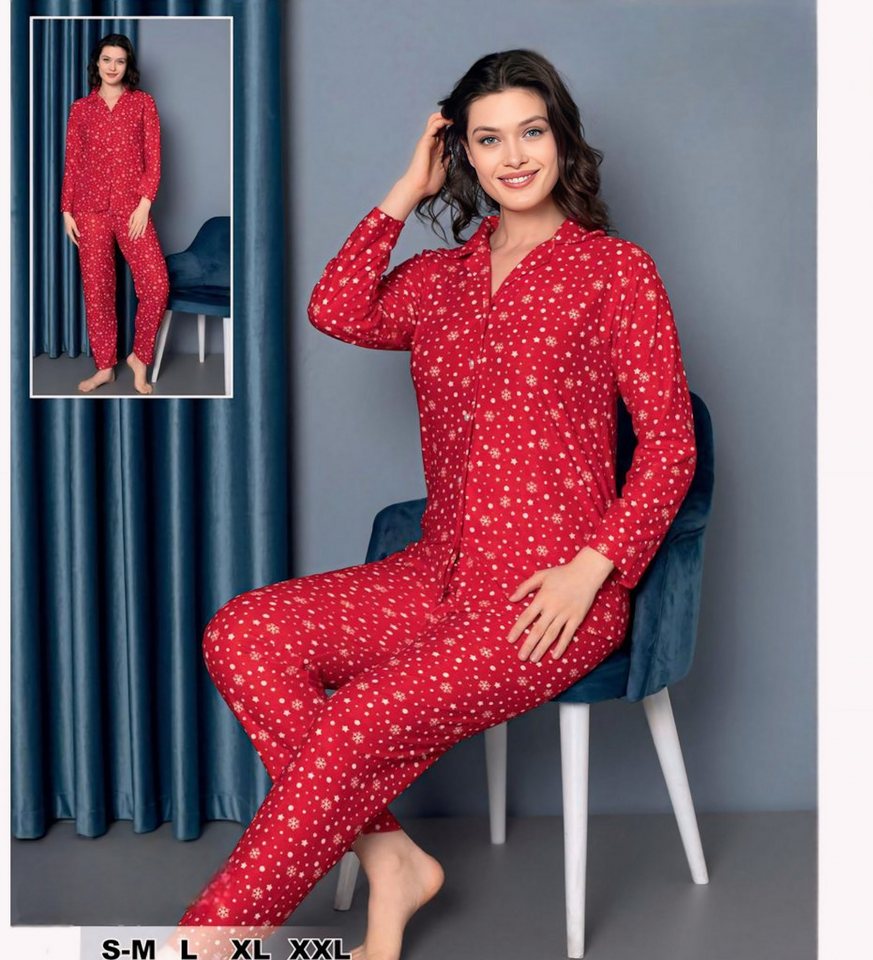 fashionshowcase Schlafanzug Damen Pyjama Set Langärmliges Hemd Lange Hose 100% Baumwolle (Zweiteiler, Nachthemd mit Hose) mit Knopfleiste von fashionshowcase