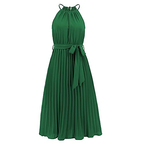 fczfczklk Damen Sommer Sexy Dünn Strap Ärmellos Plissee Kleid Lange Sonne Maxi für Urlaub (Large, Green) von fczfczklk