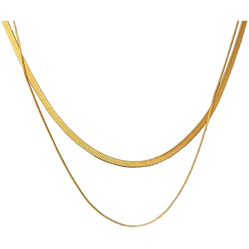 fdsmall Herringbone Kette Layered Halskette zierliche 14k Gold überzogene doppelte flache Schlange Dünne Chunky Kette Halskette Lange Choker Layered Halsketten Geschenke Schmuck für Frauen und Mädchen von fdsmall