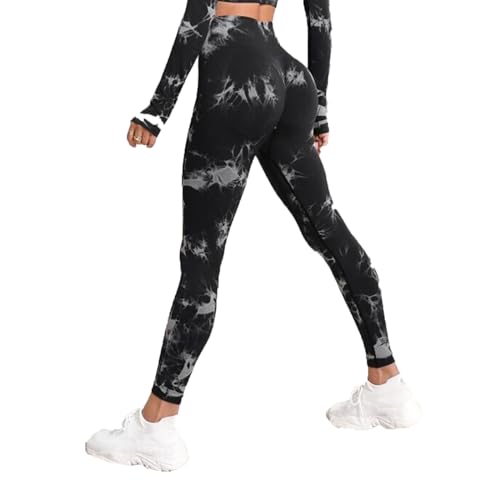 fdsmall Tie Dye Yoga Leggings Nahtlose High Waisted Yoga Hose Bauchkontrolle Butt Lifting Gym Leggings Workout Sport Tights für Gym Outdoor (DE/NL/SE/PL, Bundweite, S, Regular, Tall, Black) von fdsmall