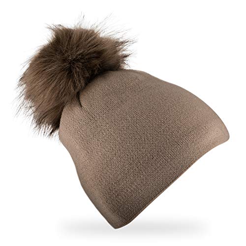 fiebig Strickmütze mit Kunstfell Bommel | Glitzer Mütze aus Wolle mit Fleece-Futter für Damen | Beanie Made in Europe (Taupe) von fiebig