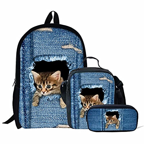 3-teiliges Tier-Schulrucksack-Set mit Lunch-Ttoe-Tasche, Federmäppchen für Kinder, Tiger-Schultaschen-Set für Studenten, großer Rucksack, Picknick-Tasche für Reisen, Wandern, Camping, Denim Cat, von fifbird