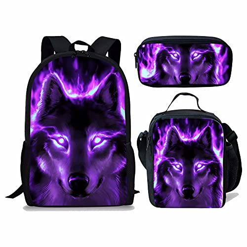 3-teiliges Tier-Schulrucksack-Set mit Lunch-Ttoe-Tasche, Federmäppchen für Kinder, Tiger-Schultaschen-Set für Studenten, großer Rucksack, Picknick-Tasche für Reisen, Wandern, Camping, Neon Wolf Lila, von fifbird