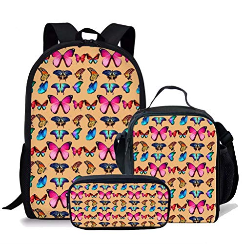 Mädchen-Rucksack-Set für Mittelschule, Schüler, blauer Schmetterlings-Druck, Schultasche, Büchertasche und Lunchbox mit Getränkehaltertasche und Federmäppchen, 3-teilig, Orange, Einheitsgröße, von fifbird