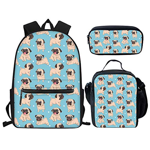 Mops Büchertaschen-Set für Mädchen, Teenager-Rucksack mit Lunchbox, Federmäppchen, Kinder, Hunderucksack, Grundschultasche, 3er-Set, Mops, Blau, Einheitsgröße, Tagesrucksäcke von fifbird