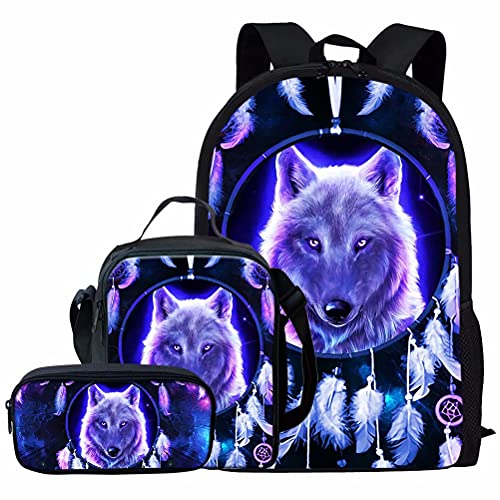 Rucksack für Kinder, Jungen, Mädchen, Teenager, langlebig, 43,2 cm, Schulbüchertaschen, Wolfsdruck, Lila Wolf, Einheitsgröße, Tagesrucksäcke von fifbird