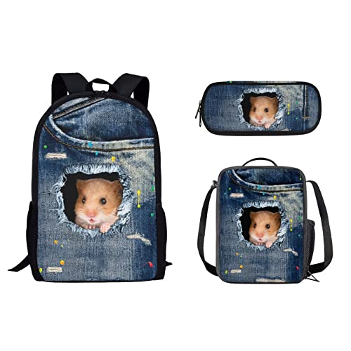 Schüler-Schulrucksack für Damen und Herren, Reise-Büchertaschen mit Lunch-Tasche und Stiftebox, Organizer für Mädchen, Jungen, Kinder, Rucksack für Mittelschule, Diebstahl, Niedlicher Denim-Pock, von fifbird