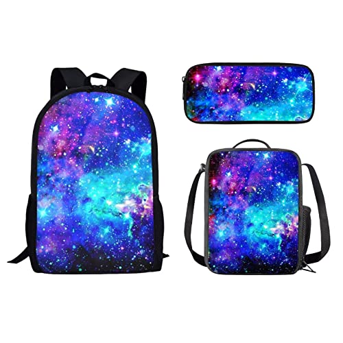 Schulrucksack-Set, Reiserucksack für Mädchen, Jungen, Kinder, Schulbüchertasche für Damen, Lunchbox, Federmäppchen, 3 Stück, Blue Galaxy Sta, Einheitsgröße, Tagesrucksäcke von fifbird