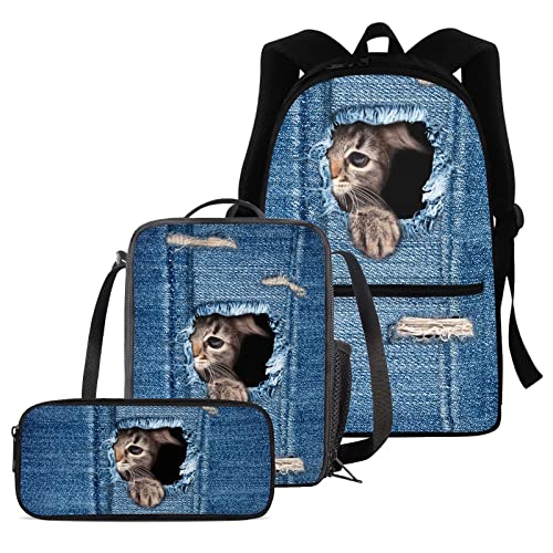 Schultaschen-Set mit Tierpferd für Kinder, 3-in-1-Schulrucksack + Federmäppchen + Thermo-Lunchbox, komplettes Set für Jungen, Mädchen, niedliches Tier-Schulbüchertaschen-Set mit Seitentasche, Shy von fifbird