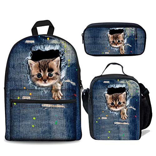 fifbird 3 Stück Kinder Schulranzen Set Galaxy Pferd Rucksack mit Lunchbox Federmäppchen für Jungen Mädchen Große Büchertaschen Damen Herren Canvas Rucksack, Denim-Katze, 3 Stück, Einheitsgröße, von fifbird