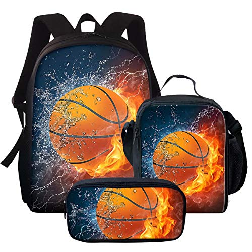 fifbird 3-teiliges Schultaschen-Set für Kinder, niedlicher Faultier-Rucksack mit Lunchbox, Federmäppchen für Jungen und Mädchen, große Büchertaschen für Grundschule, Feuer-Basketball, Einheitsgröße, von fifbird