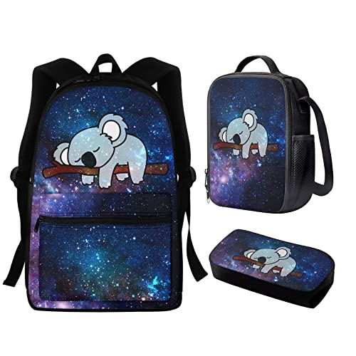 fifbird 3er Set Mittelschultasche für Mädchen, mit Lunchtasche, für Teenager, Kinder, Rucksack, Mops, Rucksack und Lunchbox, Federmäppchen, Schwarz, Koala Galaxy, Einheitsgröße, Tagesrucksäcke von fifbird