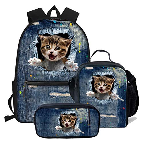 fifbird Funky Büchertaschen für Schule, Mädchen, Jungen, Denim, Mops, Grundschulrucksack mit Flaschenhalter und Lunchtasche, 3er-Set, Denim Cat Pet-2, Einheitsgröße, Tagesrucksäcke von fifbird