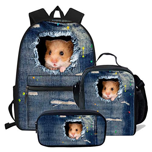 fifbird Funky Büchertaschen für Schule, Mädchen, Jungen, Denim, Mops, Grundschulrucksack mit Flaschenhalter und Lunchtasche, 3er-Set, Denim Hamster P, Einheitsgröße, Tagesrucksäcke von fifbird