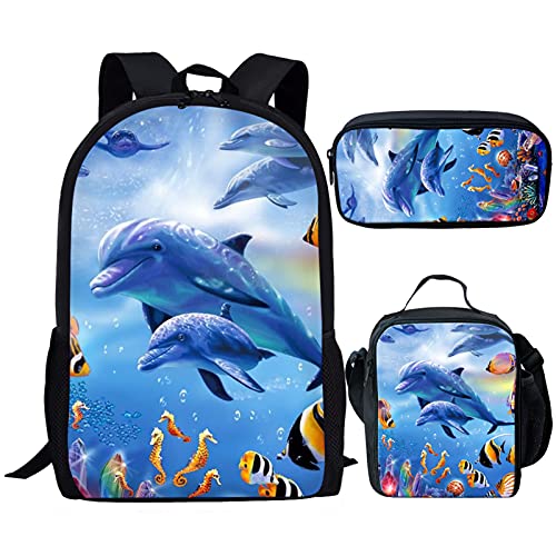 fifbird Kinder-Rucksack mit Lunchbox, Jungen-Rucksack, Tiger-Druck, Schultasche, 3-teiliges Set, Kinder-Büchertasche/Lunch-Tasche, Federmäppchen, Schreibwaren, Blau / Delfin, Einheitsgröße, von fifbird