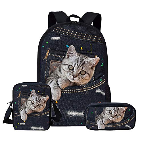 fifbird Kinder-Schulranzen-Set mit Rucksack, Büchertasche, Umhängetasche, Federmäppchen, 3 Stück, Denim-Katze, Schwarz, Einheitsgröße, Tagesrucksäcke von fifbird