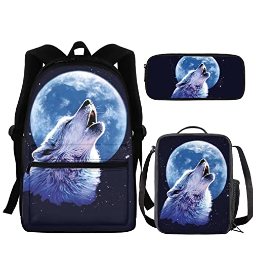 fifbird Kinderrucksack mit Lightning Fire Fußball, für Jungen, Schultaschen, einzigartige Fußballtasche + Stifttasche + Lunchbox, 3 Sets, Blue Moon Wolf, Einheitsgröße, Tagesrucksack von fifbird