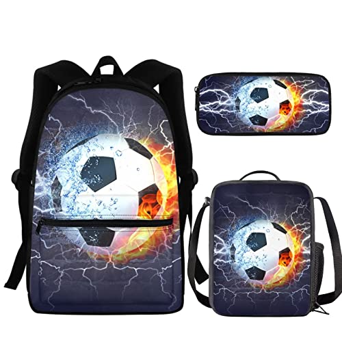 fifbird Lightning Fire Fußball-Rucksack für Jungen, Schultaschen, einzigartige Fußballtasche + Stifttasche + Lunchbox, 3 Sets, Blitzfuß, Einheitsgröße, Tagesrucksäcke von fifbird