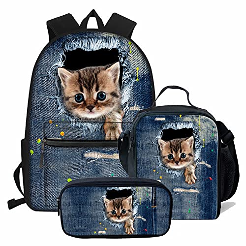 fifbird Lightning Fire Fußball-Rucksack für Jungen, Schultaschen, einzigartige Fußballtasche + Stifttasche + Lunchbox, 3 Sets, Jeans Cat, Einheitsgröße, Tagesrucksäcke von fifbird