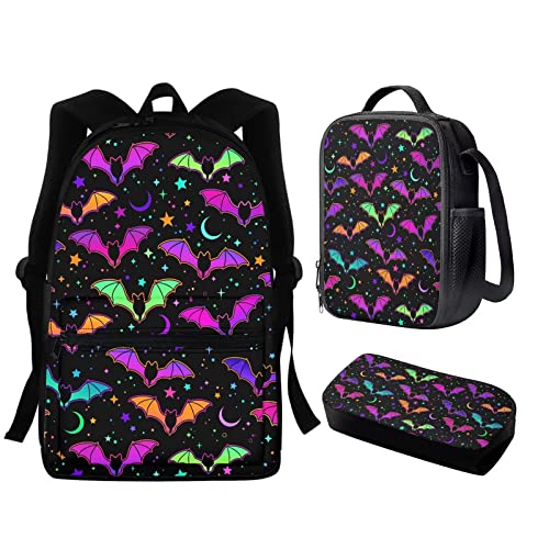 fifbird Pilz-Schulranzen-Rucksack, 3-teiliges Set, Teenager, Mädchen, Mittelschule, Büchertasche, niedliche Schultaschen mit Lunchbox, Federmäppchen, Grundschüler, Kindertagesstätte, Fledermaus, von fifbird