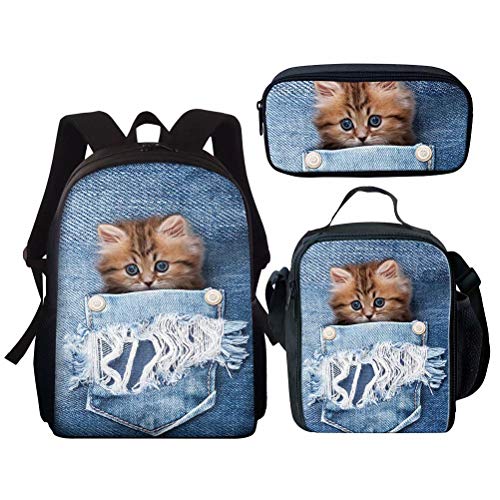 fifbird Schultaschen-Set aus Denim-Tier-Design, für Jungen und Mädchen, Schulrucksack, 3-teilig, robuste Büchertaschen, Lunch-Taschen, Federmäppchen, Kinder, 38,1 cm, Rucksack, Denim Pet -6, von fifbird