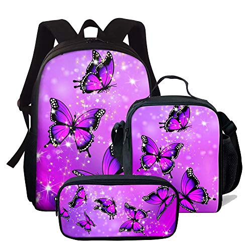 fifbird Schultaschen für Jungen und Mädchen, 38,1 cm, Giraffenmuster, Rucksack, Lunch-Tasche, Federmäppchen, Set mit 3 Stück, Grundschule, Schüler, Rucksack, Schmetterling, Violett, Einheitsgröße, von fifbird