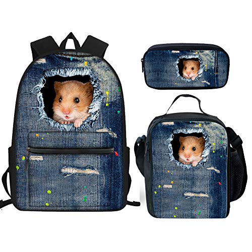 fifbird Softball-Schulranzen-Set für Jungen und Mädchen, Rucksack mit Lunchtasche und Federmäppchen, 3-teiliges Set, Hamster Denim P, Einheitsgröße, Tagesrucksäcke von fifbird