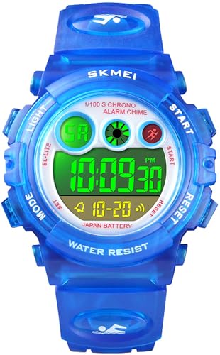 Kinderuhr Mädchen Jungen Digital, Bunte Kinder Digitaluhren mit Wecker Datum Stoppuhr 5ATM Wasserdicht LED Licht Uhr Armbanduhr für Teenager Junge Jungs Transparent Blau von findtime