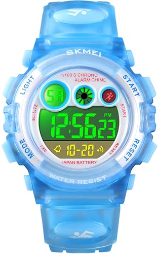 Kinderuhr Mädchen Jungen Digital, Bunte Kinder Digitaluhren mit Wecker Datum Stoppuhr 5ATM Wasserdicht LED Licht Uhr Armbanduhr für Teenager Junge Jungs Transparent Blau von findtime