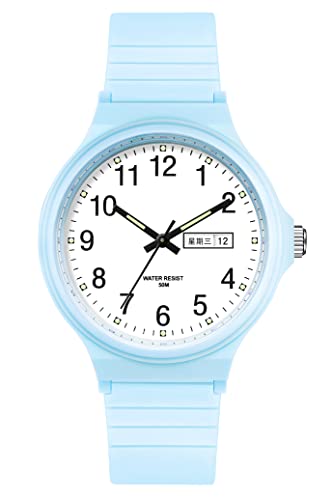 Uhr Damen Armbanduhr Teenager Mädchen 5ATM Wasserdicht Analog Quarz Damenuhr mit Silikonarmband Woche Datum Bonbonfarbene Süße Farbe Buntfarbig Watch für Kinderuhr Junge Kinder Uhren für Jungs Frauen von findtime