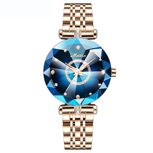 findtime Damen Armbanduhr Mädchen Uhr Armband Damen mit Strass Kristall und Metall Rosegold Schmuck Geschenk für Frauen Quarzuhr mit Edelstahlarmband, Blau von findtime