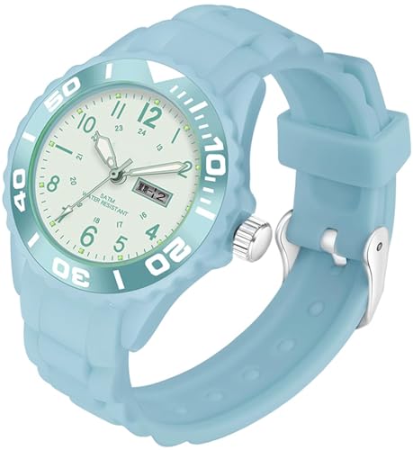 findtime wasserdichte Damen Uhr für Frauen Mädchen Studenten Blau Candy Farbe Silikonband 24 Stunden mit Sekundenzeiger Farbiges Arabische Ziffern Analog Quarzuhr mit Datum Woche von findtime