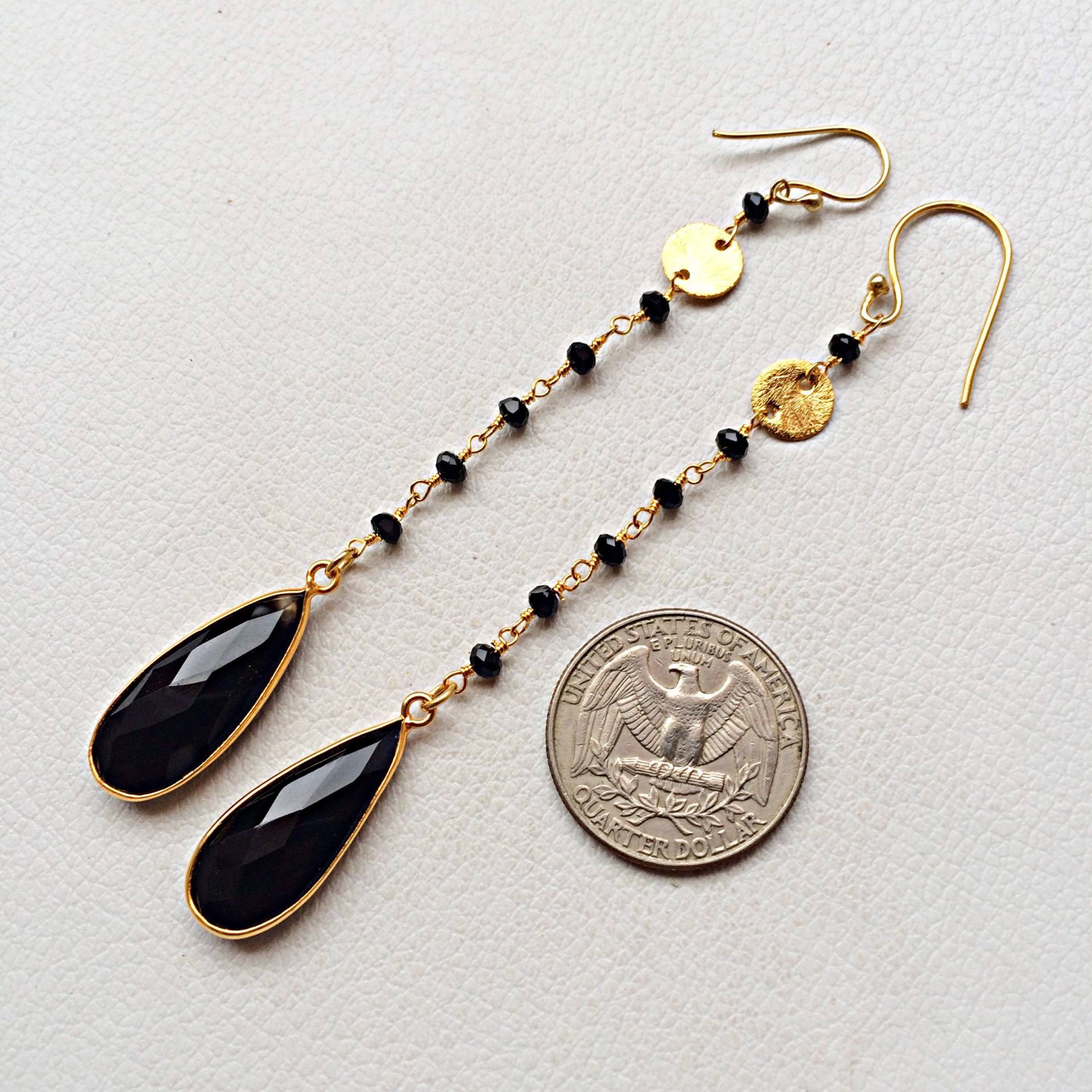 24 Ct. Gold Überzogene Sterling Silber Ohrring Mit Facettierten Schwarzen Onyx, Perlen Edelsteine Ohr Lange Schmuck Für Mädchen Weihnachtsgeschenk von finegemstone