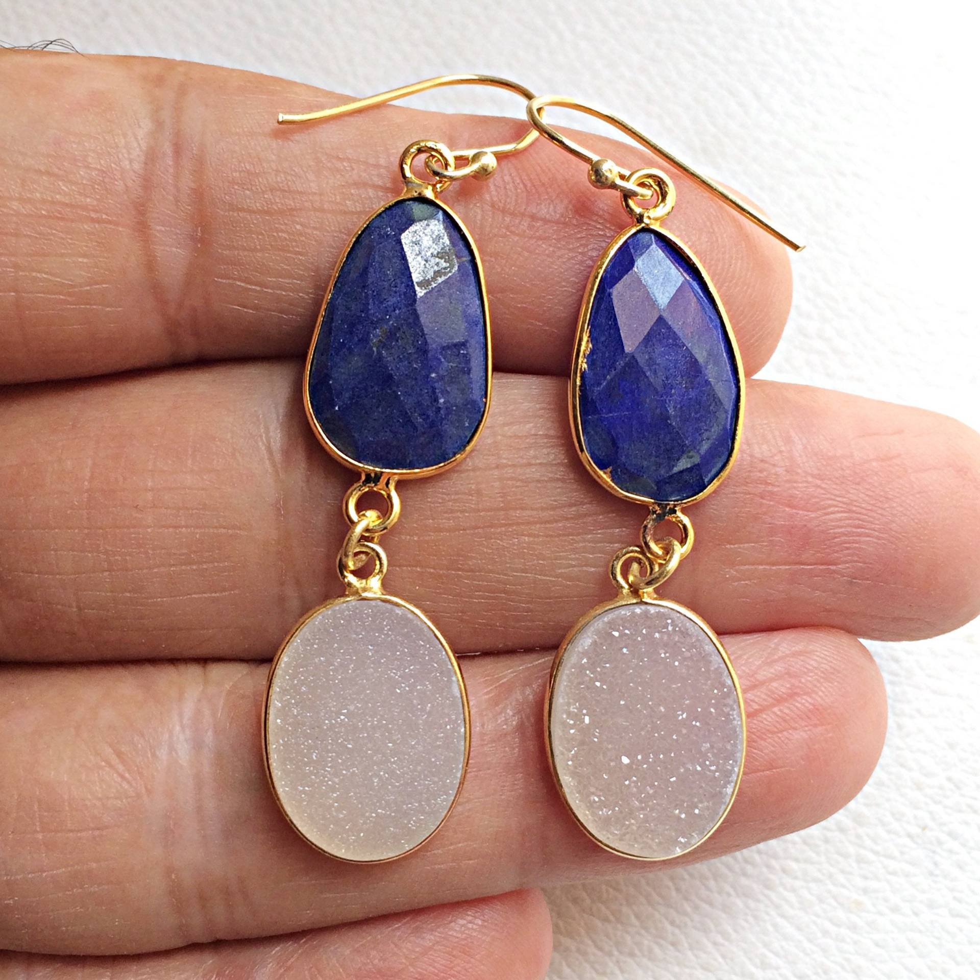 Ohrring Aus 925Er-sterlingsilber Mit Facettierten Lapislazuli Und Mikrofacettierten Druzy-steinen. Ohrschmuck Für Mädchen, Weihnachtsgeschenk von finegemstone