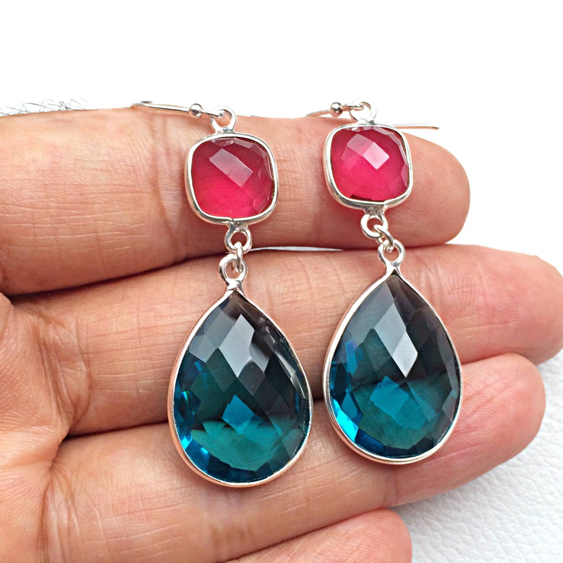 Fuchsia Pink Quartz Und London Blue Facettierte Stein 925 Sterling Silber Ohrring Paar Schöne Schmuck Für Mädchen Weihnachtsgeschenk Sie von finegemstone