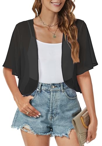 florynova Damen-Strickjacke, durchscheinend, Sommer, offene Vorderseite, Chiffon, kurzärmelig, Bolero, elegante Bluse, 02 Schwarz, 36 florynova Damen-Strickjacke, durchscheinend, Sommer, offene Vorderseite, Chiffon, kurzärmelig, Bolero, elegante Bluse, 02 Schwarz, 36 von florynova