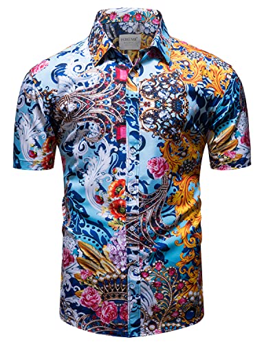 fohemr Herren Barock Hemd luxuriös Blumen Muster Shirt Kurzarm Button Down Paisley Hemd Freizeithemd Blau Large von fohemr