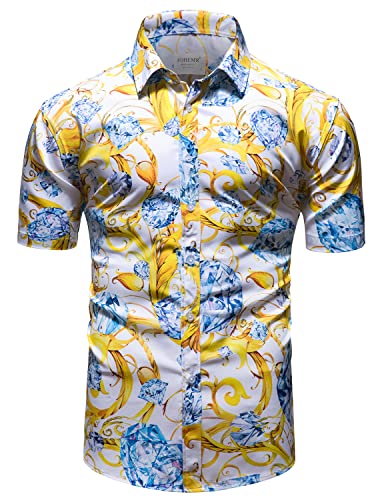 fohemr Herren Barock Hemd luxuriös Diamant Muster Shirt Kurzarm Button Down Paisley Hemd Freizeithemd Weiß X-Large von fohemr