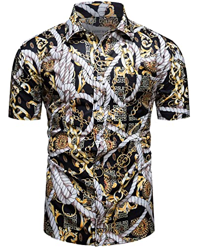 fohemr Herren Barock Hemd luxuriös Kette Muster Shirt Kurzarm Button Down Paisley Hemd Freizeithemd Schwarz Medium von fohemr