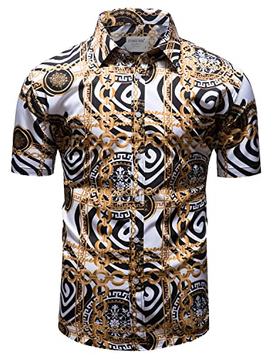 fohemr Herren Barock Hemd luxuriös Kette Muster Shirt Kurzarm Button Down Paisley Hemd Freizeithemd Weiß 4X-Large von fohemr