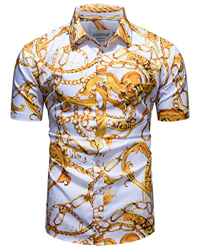 fohemr Herren Barock Hemd luxuriös Kette Muster Shirt Kurzarm Button Down Paisley Hemd Freizeithemd Weiß Medium von fohemr