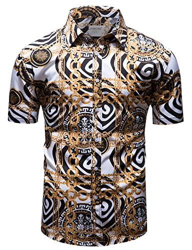 fohemr Herren Barock Hemd luxuriös Kette Muster Shirt Kurzarm Button Down Paisley Hemd Freizeithemd Weiß X-Large von fohemr