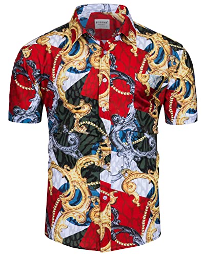 fohemr Herren Barock Hemd luxuriös Patchwork Shirt Kurzarm Button Down Paisley Hemd Freizeithemd Golden Large von fohemr
