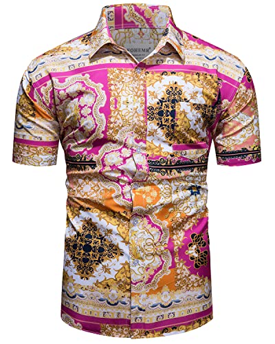 fohemr Herren Barock Hemd luxuriös Patchwork Shirt Kurzarm Button Down Paisley Hemd Freizeithemd Rot XX-Large von fohemr